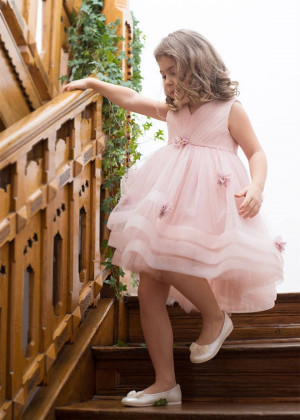 Pleated Tulle Floral Flower Girl Dress